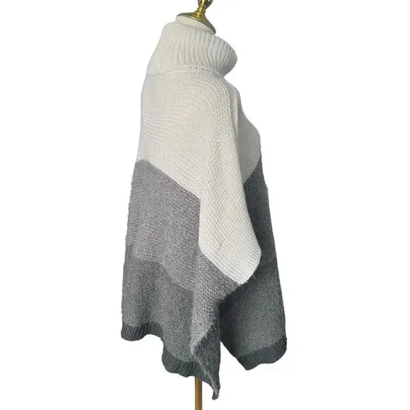 Vince Camuto Colorblock Turtleneck Sweater Grey White Poncho Shrug Thick Warm OS - Picture 11 of 16